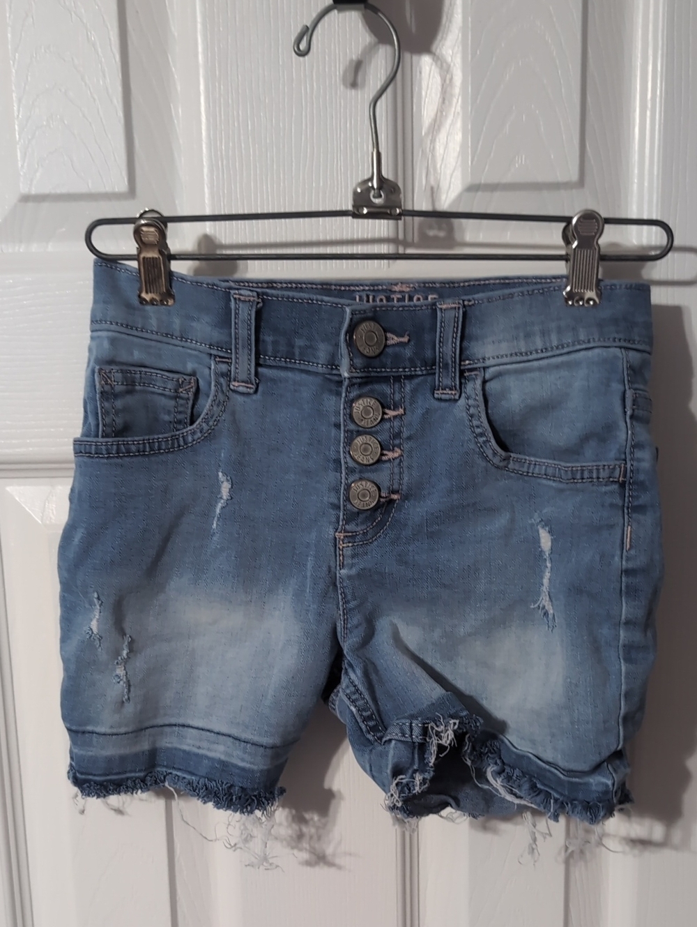 Justice Light Blue Distressed Button-Front Denim Shorts